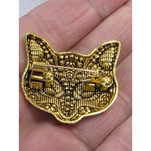 Vintage Style Tuxedo Cat Face Brooch Enamel Rhinestone Blue Eyes Gold Tone Pin - Picture 6 of 8